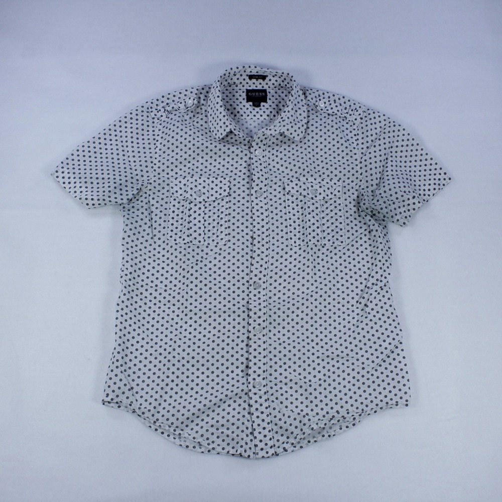 Guess Slim Fit Short-Sleeve White Shirt with Polka Dot Print - Size S